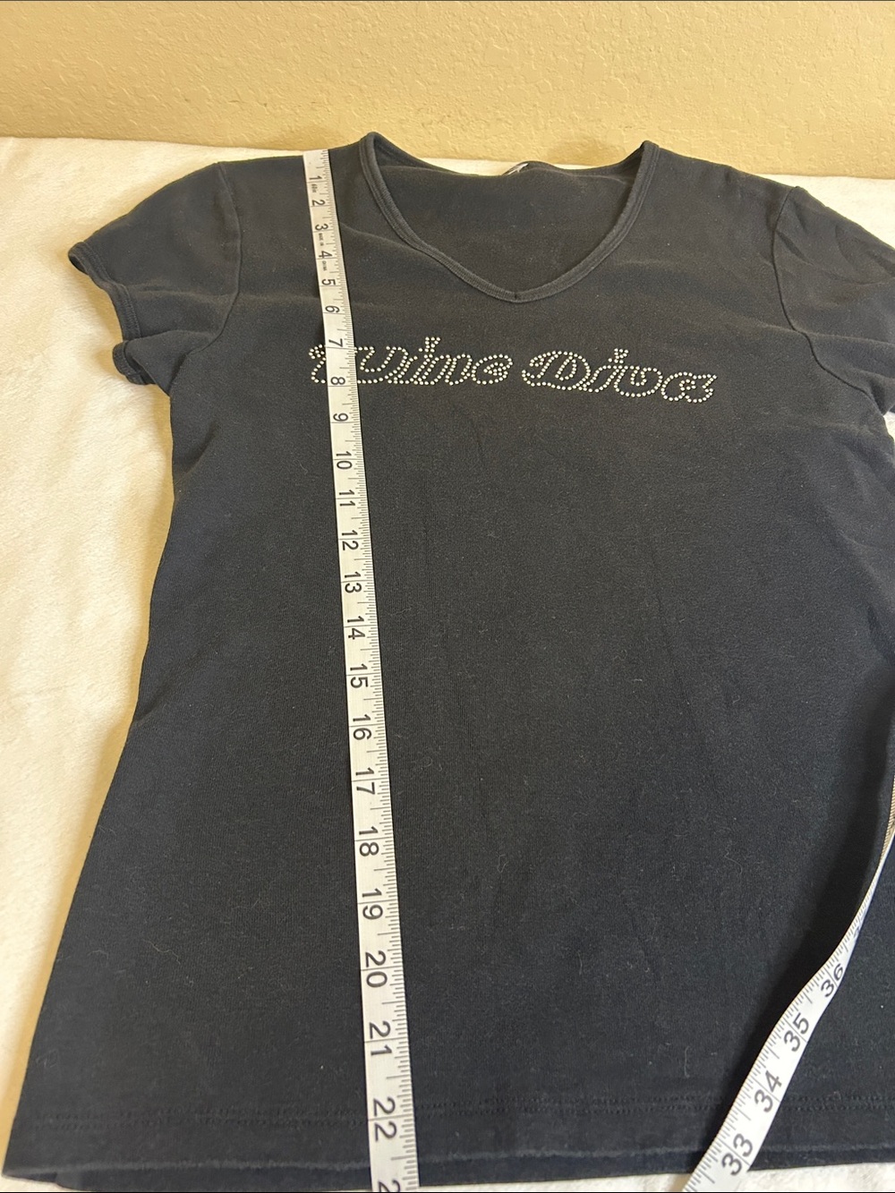 Women's V-Neck Black Tee with Rhinestone “Wine Diva” Script - Picture 4 of 5